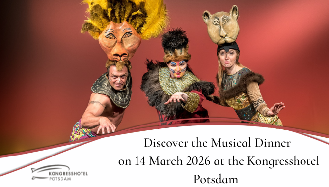 Drei kostümierte Musical-Darsteller mit Tiermasken werben für das Musical Dinner am 14. März 2026 im Kongresshotel Potsdam.