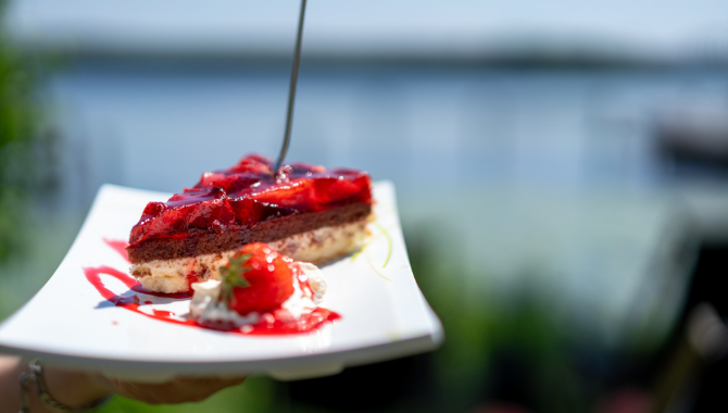 Stück Erdbeer-Schokoladenkuchen mit Soße auf einem Teller vor Seeblick