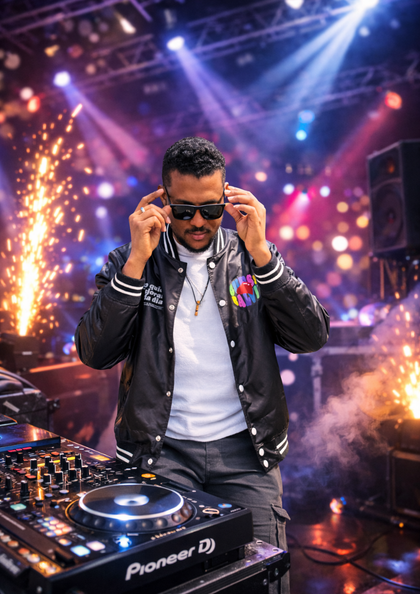 DJ mit Sonnenbrille steht vor einem beleuchteten Bühnenhintergrund.